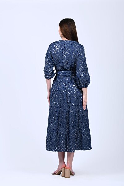 la luce İndigo Payetli Kuşaklı Elbise - QE350