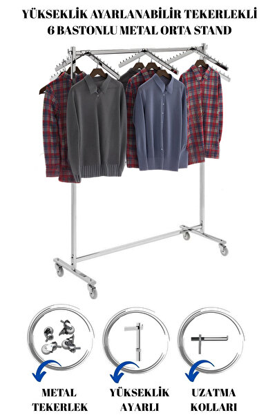 Manken İstanbul 6 Adet Askılı Yüksek Kalite Tekerlekli Krom Kaplama Metal Ort...