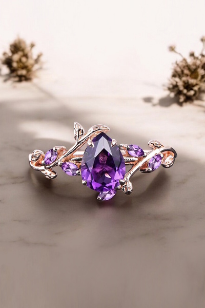 My Diamond Su Damlası Mor Ametist Yaprak Tasarım Altın Yüzük