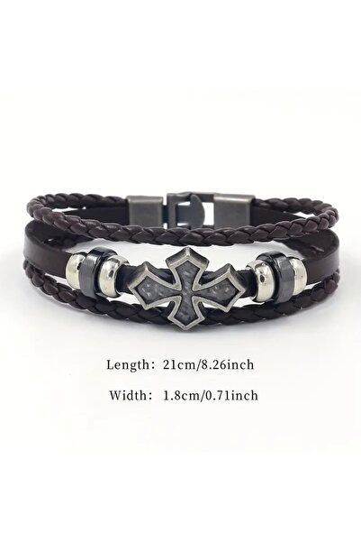 Feron accessories Erkek Deri Çelik Detaylı Örgü Bileklik – Gotik Haç Tasarıml...