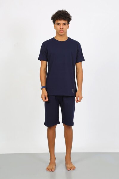 Akbeniz Men's Cotton Lacoste Bottom Top Capri Pajamas Suit Navy Blue 6873