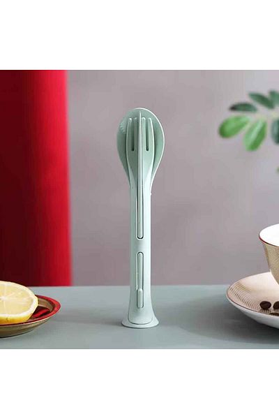 Choice Green Camping 3pcs Portable Tableware Set Wheat Straw Dinnerware Detachable Cutlery Travel Tableware