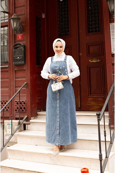 HARMAN BUTİK Stone Detailed Women's Denim Salopeet