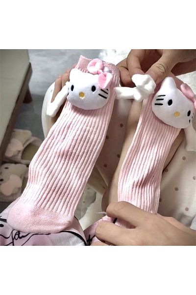 Choice Kt Kawaii Hello Kitty Pink Socks Sanrio Anime Cartoon Magnetic Attraction Shake Hands Socks Warm Mid