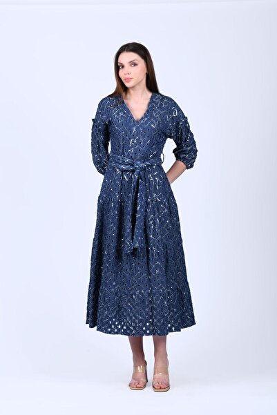 la luce İndigo Payetli Kuşaklı Elbise - QE350