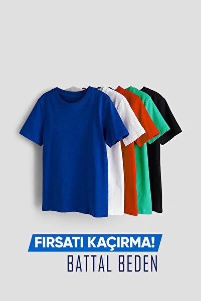FUWEAR Men's Big Size Cotton T-Shirt 5 Pcs Navy Blue, White, Red, Aqua Green ...
