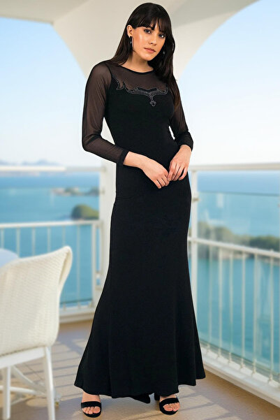 Qlees Kadın Siyah Yuvarlak Yaka Şık Tül Dekolteli Uzun Günlük Abiye Elbise