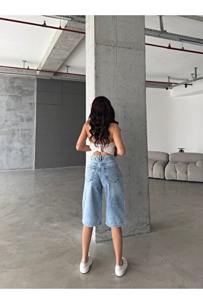 Swet Shop Jeans Kadın Yüksek Bel Soluk Efektli Vintage Bol Kesim Geniş Paça Baggy Denim Bermuda Şort