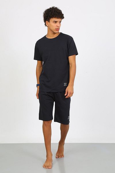 Akbeniz Men's Cotton Lacoste Bottom Top Capri Pajama Suit Navy Blue 6874