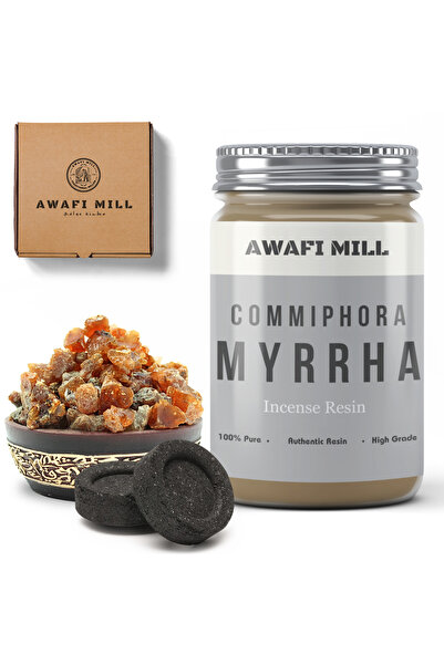 AWAFI MILL بخور راتنج المر مع قرص الفحم - زجاجة 100 جرام مع 20 قطعة فحم