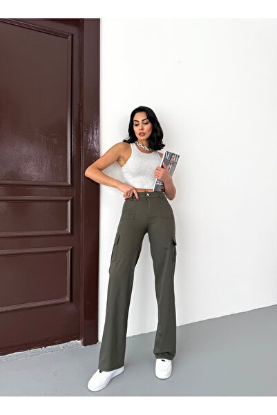 Genel Markalar Haki Kargo Cepli Likralı Yüksek Bel Wide Leg Pantolon