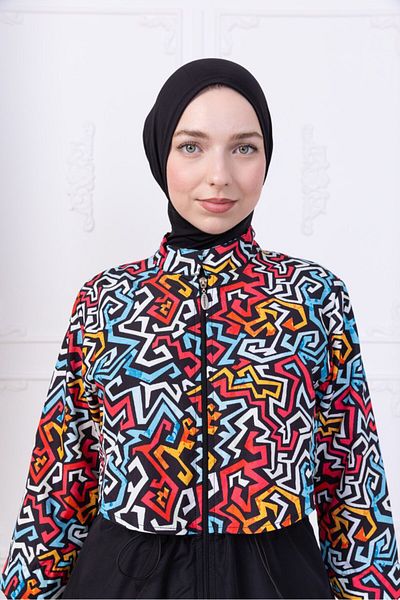 SAYRA Shawl Black Geometric Patterned Hijab Swimsuit