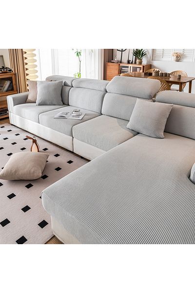 Choice16 S Light Grey Thicken Stripe Jacquard Stretch Removable Sofa Seat Cushion Cover Washable for Living R