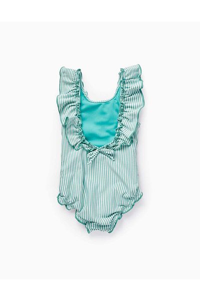Ziddy Striped Swimsuit with Ruffles for Baby Girls, Green/White