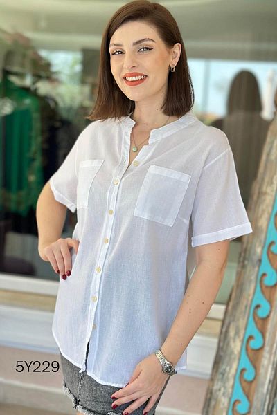 İnce Topuk Judge Collar Short Sleeve Cotton Shirt 5Y229