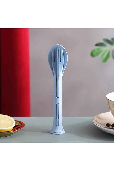 Choice Blue Camping 3PCS Portable Tableware Set Wheat Straw Dinnerware Detachable Cutlery Travel Tableware