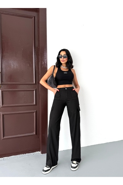 Genel Markalar Siyah Kargo Cepli Likralı Yüksek Bel Wide Leg Pantolon