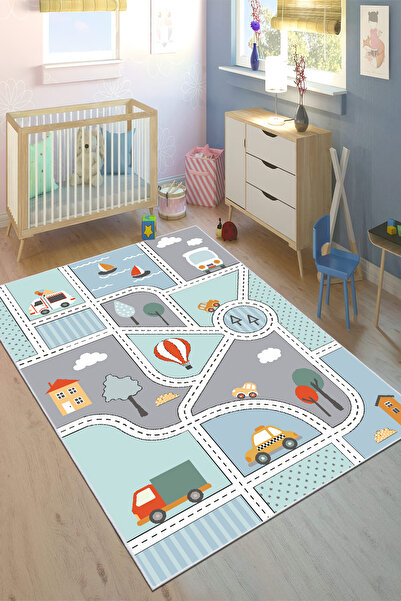 VOPTEKS Yeşil Çocuk Odası Halısı Leke Tutmaz Makinede Yıkanabilir Kaymaz Taba...