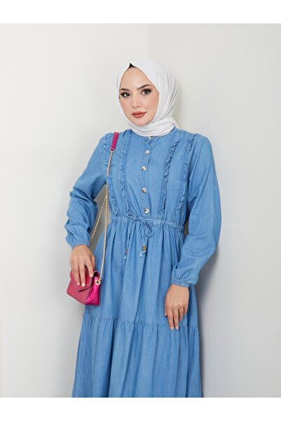 HARMAN BUTİK Women's Button Detailed Ruffle Jeans Dress