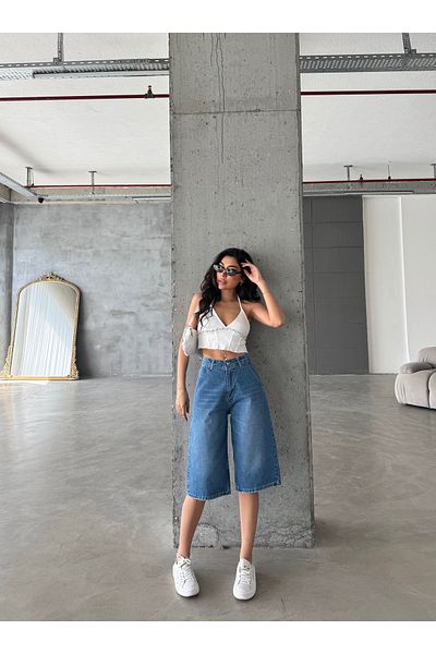 Swet Shop Jeans Bermude de damă cu talie înaltă, cu efect decolorat, vintage, cu picior largi, din denim largi