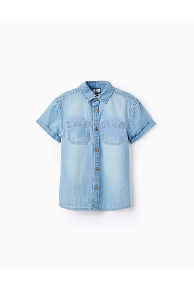 Ziddy Short Sleeve Shirt in Cotton Denim for Boys, Blue