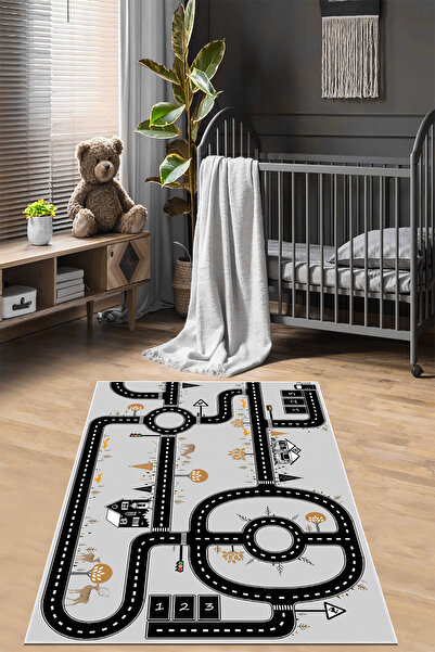 VOPTEKS Gri Çocuk Odası Halısı Leke Tutmaz Makinede Yıkanabilir Kaymaz Taban ...