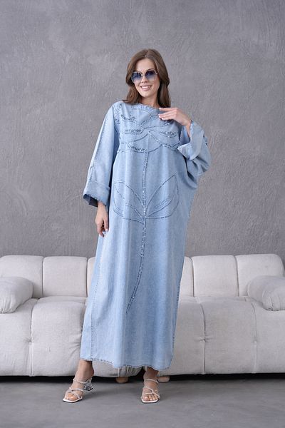 Miss Allos Women's Sequin Embroidered Wide Fit Long Denim Dress
