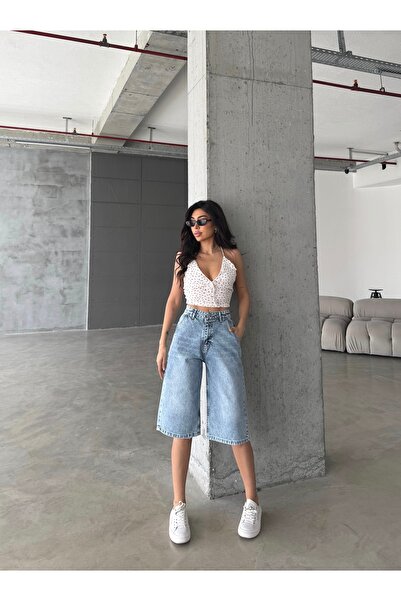 Swet Shop Jeans Kadın Yüksek Bel Soluk Efektli Vintage Bol Kesim Geniş Paça Baggy Denim Bermuda Şort