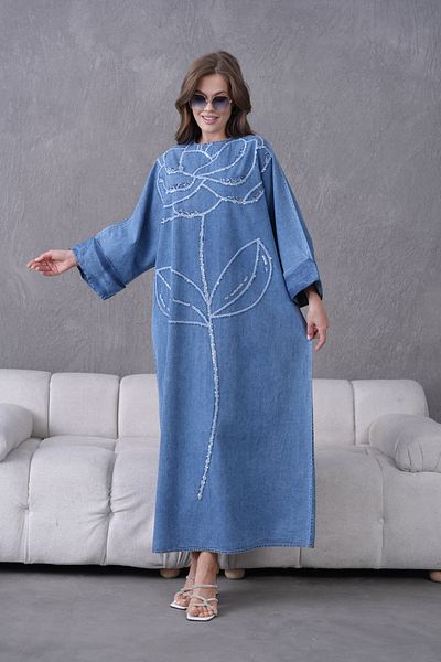 Miss Allos Women's Sequin Embroidered Wide Fit Long Denim Dress