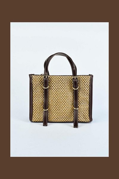 birizmoda Γυναικεία ψάθινη μεταλλική λεπτομερή τσάντα χεριών και ώμου - Bitter Brown