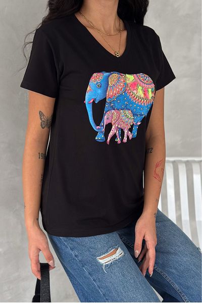 FEMELLE Tricou negru pentru femei, cu decolteu în V, cu paiete, brodat, 100% bumbac