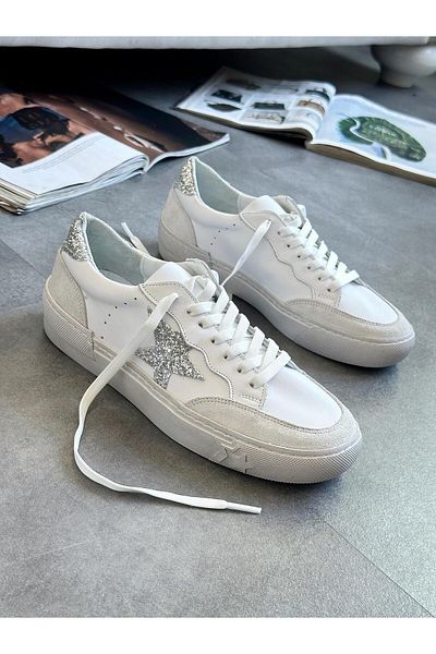 Zuum Goose 100% Genuine Leather Women's Sneaker - White Leather & Silver
