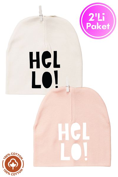 Miniel Unisex Baby Hello Printed Combed Organic Cotton Newborn 2-Piece Baby Beanie Colorful Set