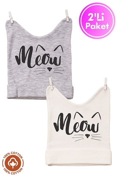Miniel Unisex Baby Meow Printed 0-6 Months Combed Organic Cotton 2-Piece Baby Beanie Colorful Set