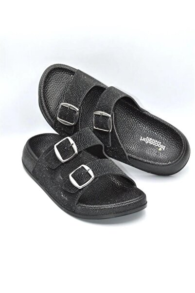 Büşra Sultan Ayakkabı & Çanta Kadın Siyah Simli Ortopedik Yumuşak Tabanlı Çift Tokalı Günlük Rahat Terlik