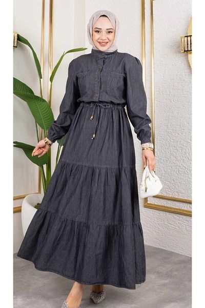 HARMAN BUTİK Women's Buttoned Pocket Detailed Waist Lace up Denim Dress
