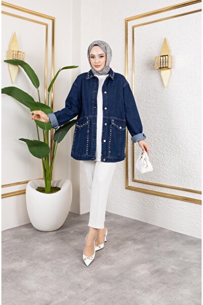 HARMAN BUTİK Women's Denim Jeans Jacket with Pocket Stone Stitching Detail