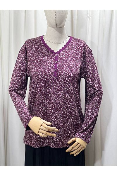 LİFERA Lifera Elegant Floral Patterned Combed Cotton Mother's Blouse, Large Size