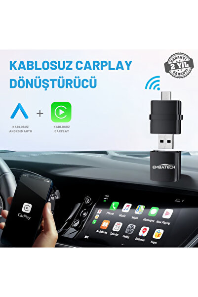 Embatech Araç Içi 2in1 Android ve Apple Cihazlar Için Kablosuz Android Auto ve Carplay Adaptörü (EMT-006)