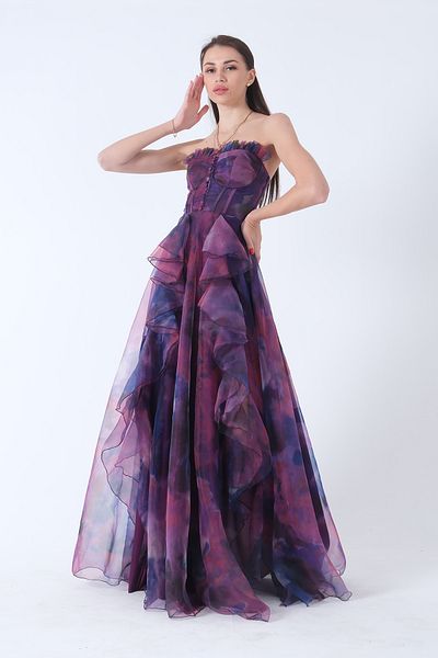 Feminist Strapless Collar Slit Skirt Frilly Evening Dress Purple9705163