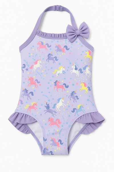Katia&Bony Girl's Unicorn Patterned Ruffle Swimsuit Lilac