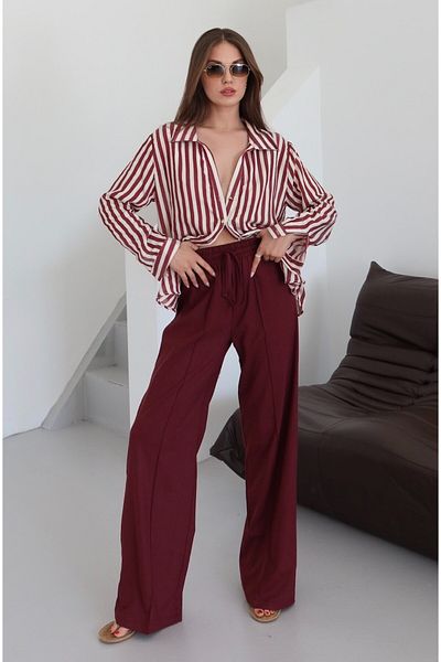 Laluvia Pantaloni din poliviscos cu cusătură în față cu talie elastică roșu Claret - 50741