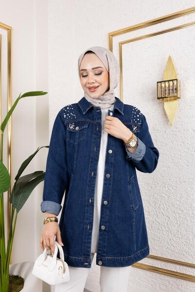 HARMAN BUTİK Women's Bead Embroidered Denim Jeans Jacket