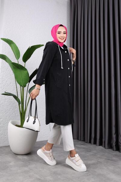 HARMAN BUTİK Women's Hooded Long Jeans Jacket