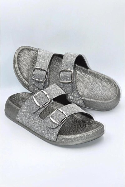 Büşra Sultan Ayakkabı & Çanta Kadın Füme Simli Ortopedik Yumuşak Tabanlı Çift Tokalı Günlük Rahat Terlik