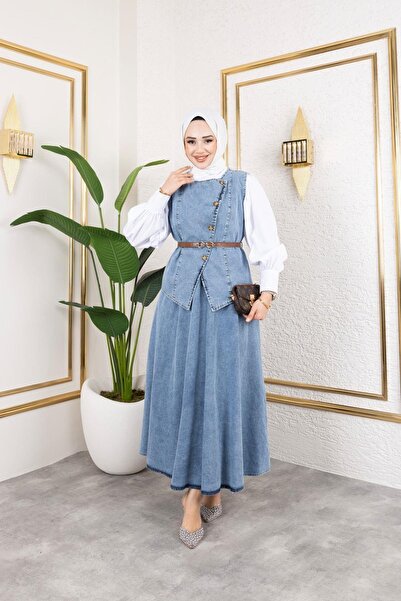 HARMAN BUTİK Women's 2-Piece Jeans Suit Belted Vest Skirt