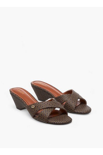 Celeste Women's Monogram Print Cross Strap Sandals with Block Heels