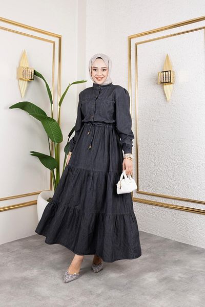 HARMAN BUTİK Women's Buttoned Pocket Detailed Waist Lace up Denim Dress