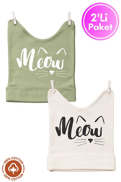 Miniel Unisex Baby Meow Printed 0-6 Months Combed Organic Cotton 2-Piece Baby Beanie Colorful Set