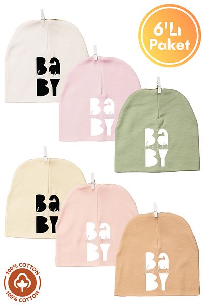 Miniel Unisex Baby Printed Double Layer Baby Combed Organic Cotton Newborn Set of 6 Baby Beanie